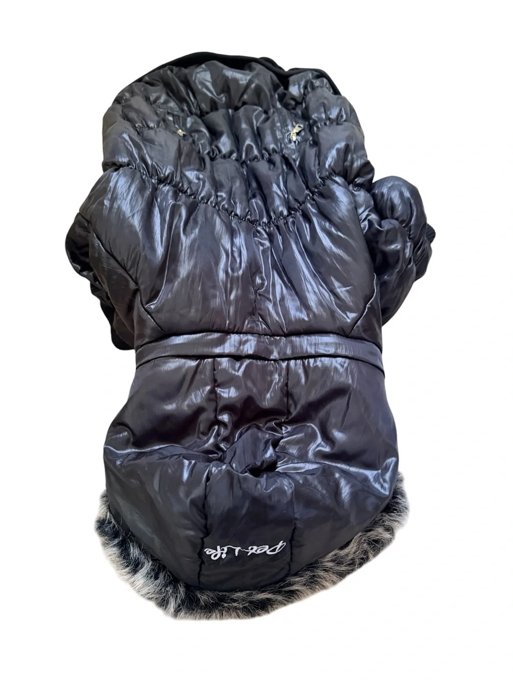 Pet Life Black Puffer Dog Coat with Faux Fur Trim